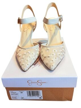 Jessica Simpson Ivory Floral Embroidered Slingback Heels Bridal Shower, Wedding